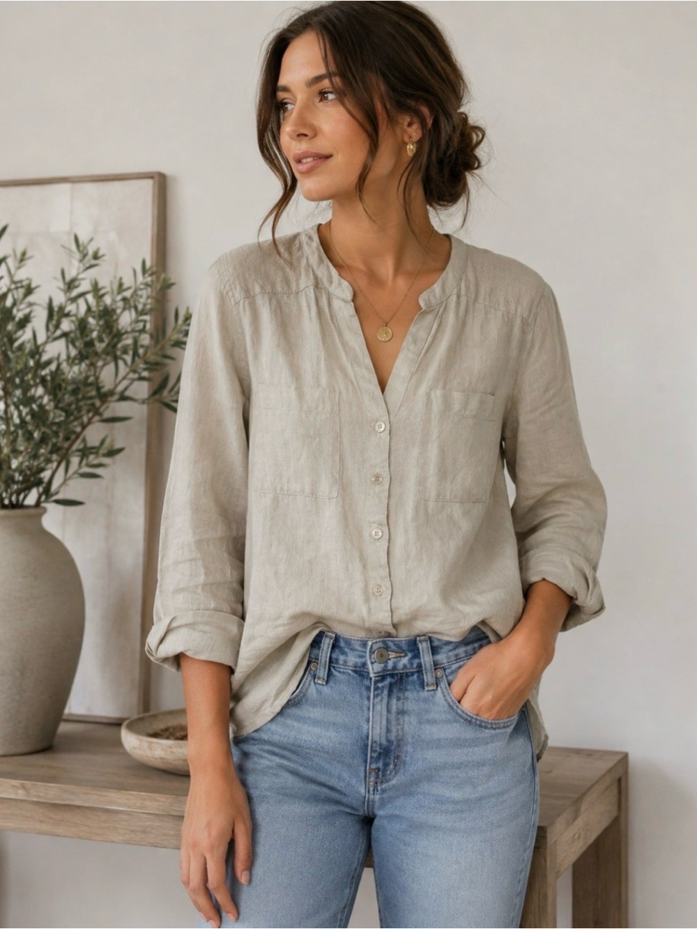 Small - 100% Linen Harve Benard Lightweight Button-Front Shirt - Beige